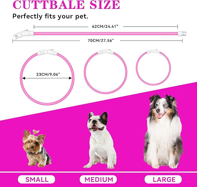 Led Light Up Dog Collar Rechargeable Waterproof, Glow in Dark Dog Collar, TPU Cuttable Lighted Dog Collars for Night Walking Charging USB, Safety for Small Medium Large Dogs Pink