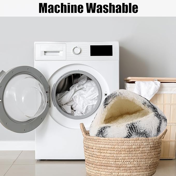 HYQ Small Dog Bed with Cover Cave, Cozy Cat Cave Bed, Round Puppy Bed with Hooded Cover, Cat Beds for Indoor Cats Washable, Dog Beds for Small Dogs with Anti-Slip Bottom (Grey-White, 20×20 Inch)