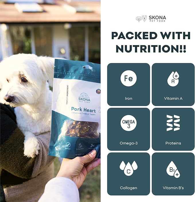 Skona PetFood Pork Heart Jerky Dog & Cat Treats, Single-Ingredient, High Protein Training Snacks, Natural & Healthy, USA Made, Rich in Nutrients, Supports Heart, Eye & Dental Health, 4oz