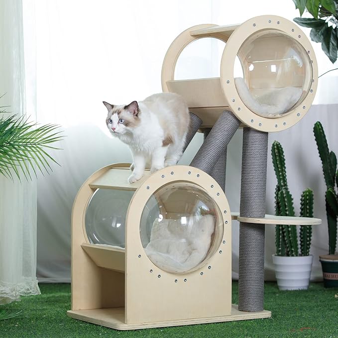 40.7 Inch Multi-Level Cat Tree with Scratching Posts and Space Capsule, Large Wooden Cat Tower for Indoor Cats, Stable Cat Climbing Furniture for Adult Cats