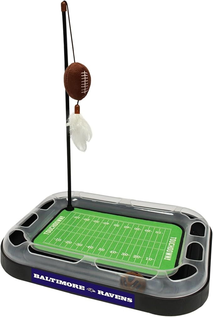 Pets First NFL BALTIMORE RAVENS FOOTBALL FIELD CAT SCRATCHER TOY with CATNIP Filled Plush FOOTBALL Toy & Feather Cat Toy hanging, with Jingle Bell INTERACTIVE BALL Cat Chasing 5-in-1 KITTY Toy