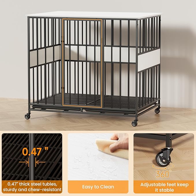 Dog Crate Furniture for Large Dogs, 42 Inch Indoor Large Kennel, Wooden Pet Cage Decorative Corner End Table with Caster Wheels & Double Removable Tray, White