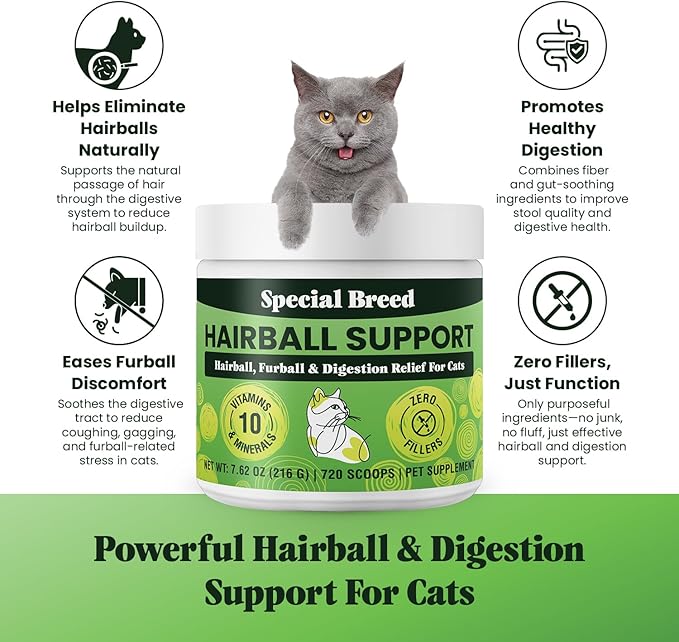 Hairball Support for Cats - 10 Super Ingredients for Hairball Relief, Digestive Support & Healthy Skin - No Fillers - Psyllium, Pumpkin, Omega-3s & More - 720 Scoops