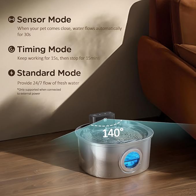 Stainless Steel Wireless Cat Water Fountain: Voluas 3.2L/108oz 3-Modes Pet Drinking Fountain Indoor Cordless Motion Sensor Fountain with 4200mAh Rechargeable Battery Operated