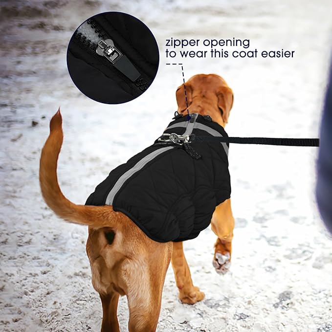 FUAMEY Dog Coat for Small Dogs,Waterproof Dog Winter Jacket with Harness Built in Puppy Cold Weather Coats Reflective Pet Vest with Zipper Warm Fleece Dogs Snowsuit Windproof Solid Black XS