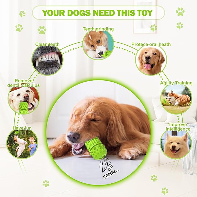 PIFFZEDO Dog Toys for Aggressive Chewers,Interactive Natural Rubber Chew & Squeaky Toy for Large Medium Breed,Dog Toothbrush,Tough & Durable (Green,Large)