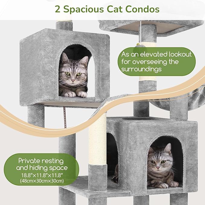 Globlazer Large Cat Tree Tower for Indoor Cats, 74in Tall Sturdy Cat Tree Condo for Large Cat with Scratching Posts and Board, Cat Condos for Adult Cats Kittens, Top Perches，Pet Bed, F74D, Light Grey