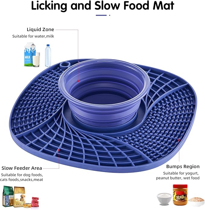 Lick Mat for Small Dogs and Cats with Suction Cups, Silicone Slow Feeder Lick Pad with Collapsible Bowl for Anxiety Relief, Pet Puzzle Treat Mat for Bathing Grooming Trimming (Purple)