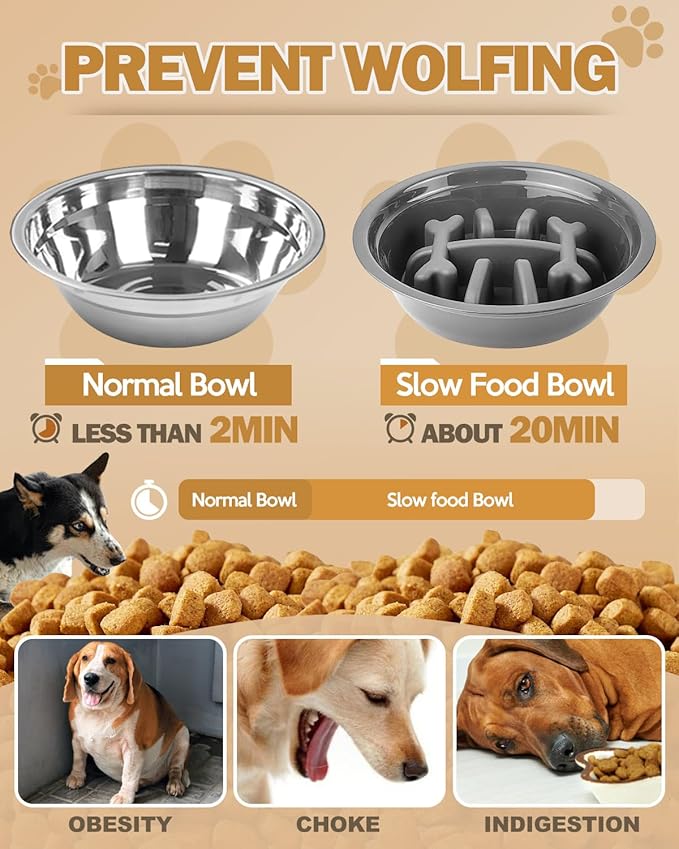 Elevated Dog Bowls, Dog Feeder with 2 Stainless Steel Dishes &1 Slow Feeder Bowl, 5 Heights Adjustable Raised Stand for Medium Large, Food Dishes with Non-Slip Feet