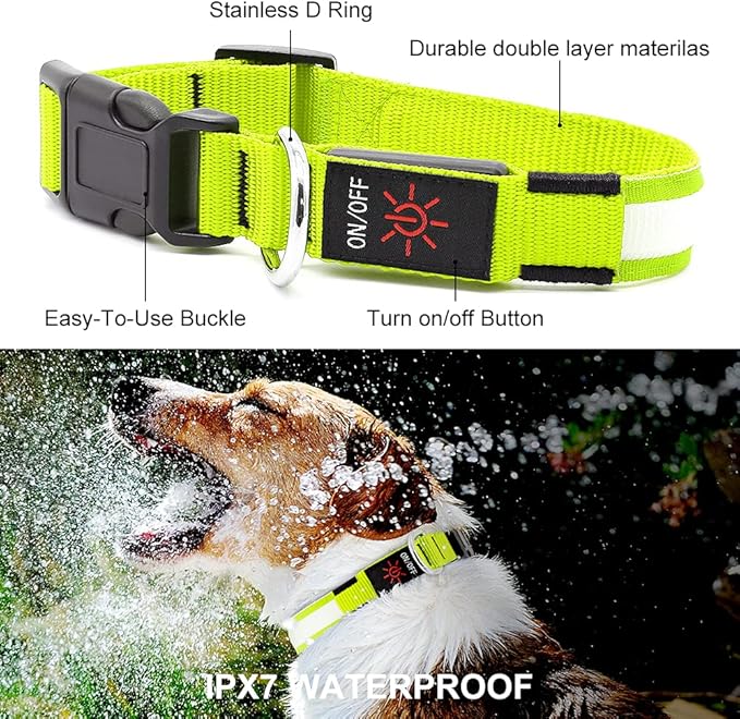 LED Dog Collar - Light Up, Waterproof, Adjustable Flashing, Rechargeable Visibility & Safety for Dogs (Green, Large)