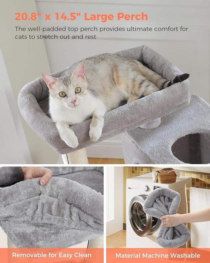 XL Cat Tower 44" Cat Tree for Large Cats 20 lbs+, 2 Spacious Condos with 3.4" Thickened Scratching Post, Large Top Perch, 2 Interactive Toys, Grey