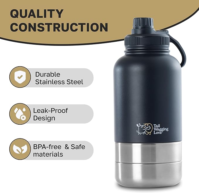 32oz 3-in-1 Portable Travel Water Bottle, Food & Hydration Bottle - Dual Use for Humans & Pets with Detachable Bowls, Stainless Steel, Keeps Water Hot for 6hrs & Cold for 12hrs