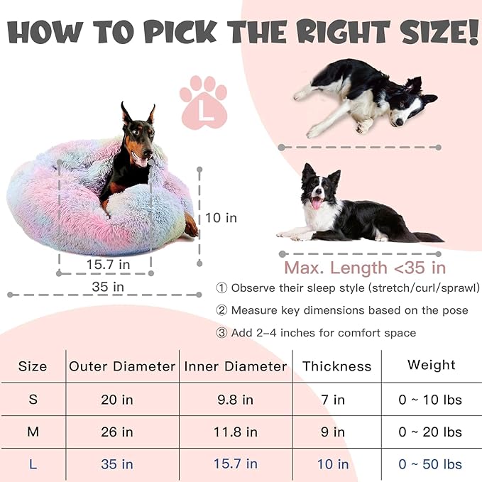 Himax Dog Beds for Large Dogs, Donut Dog Bed with Blanket Attached, Calming Round Dogs Beds Washable(20"/26"/35") Multicolor