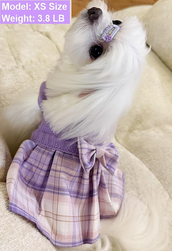 Purple Knitted Dog Sweater Dress, Cute Pink Plaid Dog Sweaters for Small Dogs Girl, Maltese Cat Apparel, Small (S)