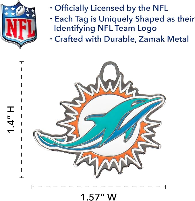 NFL Miami Dolphins Engraving Pet ID Tags in 32 Team Logo Shapes Personalized Dog Tags and Cat Tags with 3 Lines of Customizable Text for Tracking & Safety. Stainless Steel Pet ID Tracking Tags