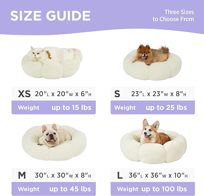 Lesure Calming Cat Beds for Indoor Cats - Cute Flower Pet Beds in Teddy Sherpa Plush, Donut Round Fluffy Puppy Bed, Non-Slip Extra Small Dog Bed Fits up to 15 lbs, Machine Washable, Cream 20"