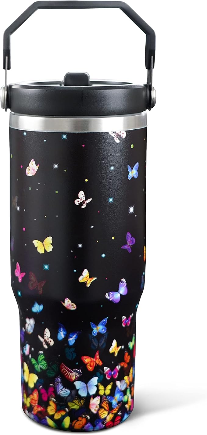 30oz Colorful Butterfly Tumbler with Handle and Straw, Stainless Steel Vacuum Insulated Coffee Tumbler, Travel Mug Water Bottle, Butterfly Stuff Decor, Butterfly Gifts for Women