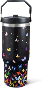30oz Colorful Butterfly Tumbler with Handle and Straw, Stainless Steel Vacuum Insulated Coffee Tumbler, Travel Mug Water Bottle, Butterfly Stuff Decor, Butterfly Gifts for Women