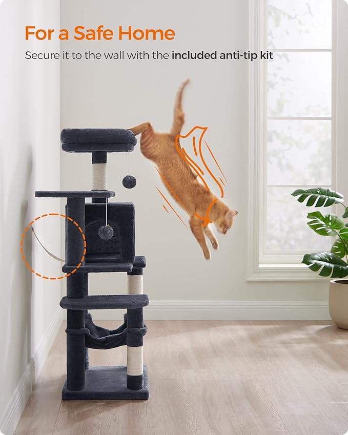 Feandrea Cat Tree, 44.1-Inch Cat Tower for Indoor Cats, Multi-Level Cat Condo with 4 Scratching Posts, 2 Perches, Hammock, Cave, Smoky Gray UPCT261G01