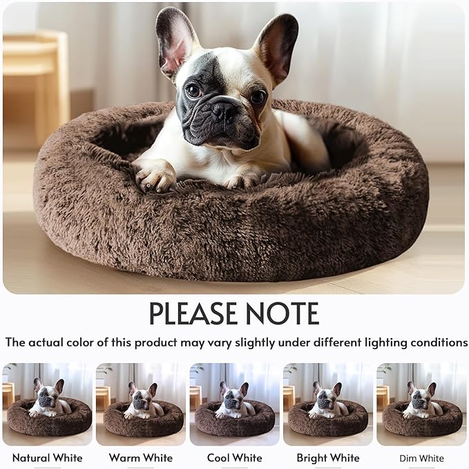 JOLLYVOGUE Small Dog & Cat Beds for Indoor Cats, Donut Cuddler Warming Soft Dog Beds with Anti-Slip Bottom, Round Calming Fluffy Plush Faux Fur Cushion Bed for Large Dogs (36", Coffee)