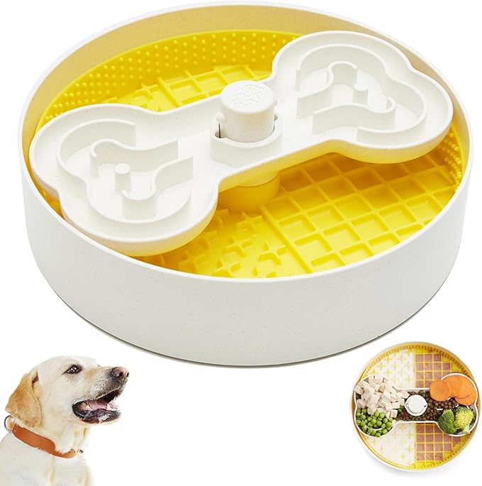 Suhaco 4 in 1 Puzzle Feeder Dog Bowls Slow Feeder Dog Bowls Large Slow Feeding Bowl for Dogs, Dog Puzzle Game Slow Feeder for Dry and Wet Food Dog Food Bowl for Large Dogs, 9.8IN (Yellow)