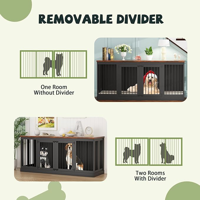 71" Dog Crate Furniture, Large Dog Kennel Furniture, Wood Double Dogs Crate Furniture Large Breed, Dog Crates for 2 Dogs Furniture, Black