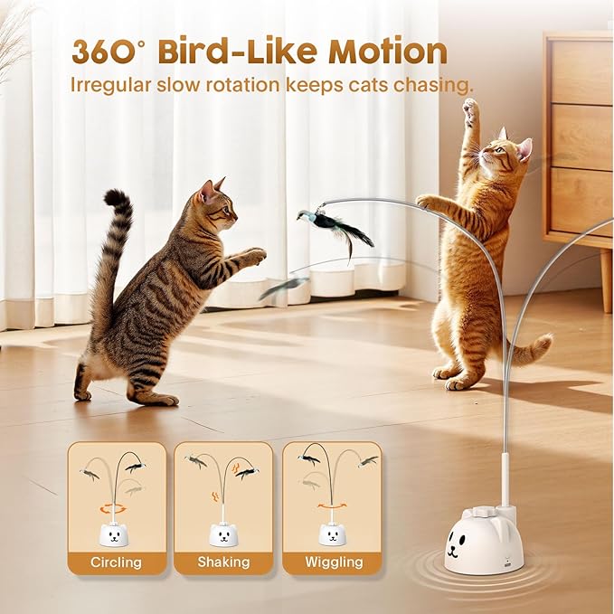 Interactive Cat Toys for Indoor Cats: Upgraded 360° Automatic Spin Flying Bird Feather Wand with Silicone Protected Rod Safe Play, Strong 8cm Suction Cup, USB-Rechargeable for Bored Kittens and Adult