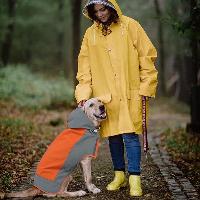 IECOii Dog Raincoat,Waterproof Rain Jacket for Medium Dogs,Adjustable Pet Rain Coat with Magic Sticker Closure,Reflective Doggy Raincoat with Hood,Perfect for Night Walking,Orange,M