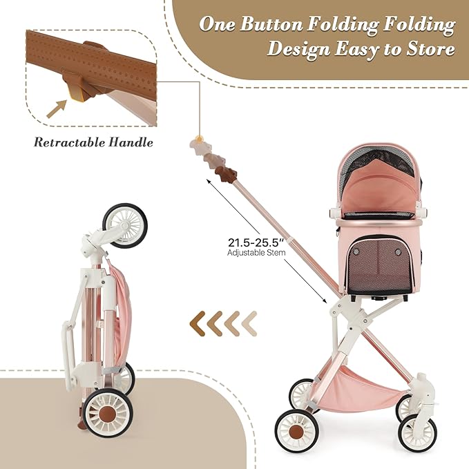 Athena collection Dog Stroller for Small Dogs,One-Hand-Fold Pet Stroller with Detachable Carrier,Lightweight Cat Stroller up to 22lbs(Soft Pink)