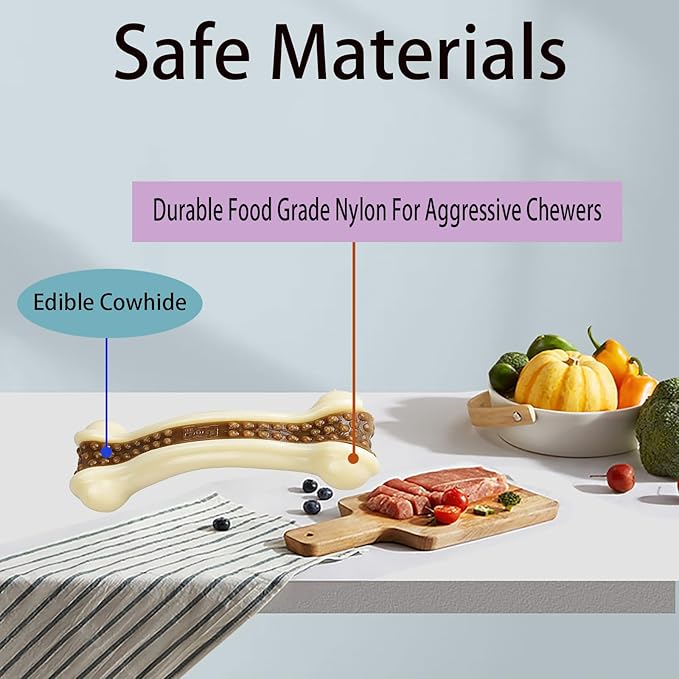 Dog Bones Chew Toys for Aggressive Chewers, 2 Pack Real Beef Flavor,Indestructible Dog Teething Chew Toys for Large/Medium/Small Breed,Tough Toy with Durable Nylon