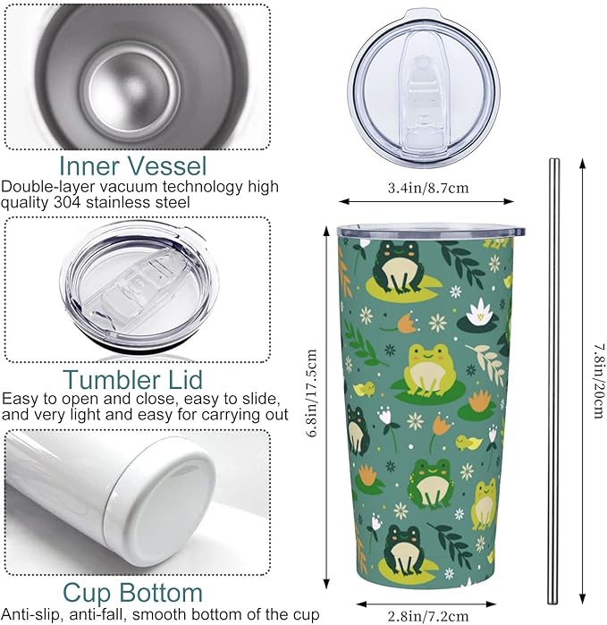 Frog Tumbler with Lid and Straw, 20 Oz Stainless Cup Steel Insulated Water Bottle Travel Coffee Mug