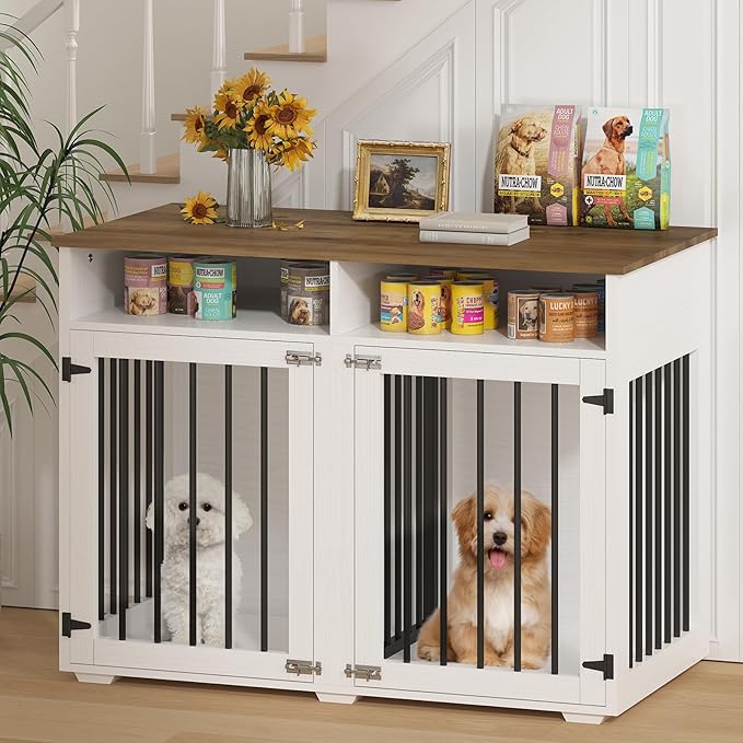 Furniture Dog Crate for Two Dogs, 41 Inch Furniture Style Dog Kennel with Removable Divider and Thickened Desktop, Heavy-Duty Base for Small to Medium Dogs, White