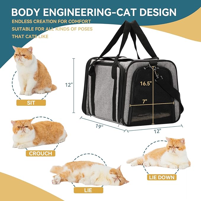 Petsfit Expandable Pet Carrier for Cat Or Puppy Up to 18 Pounds, Square Extension Add More Space, Washable Soft Pet Carrier for Home Outdoor Travel, 19"X12" X12" Gray