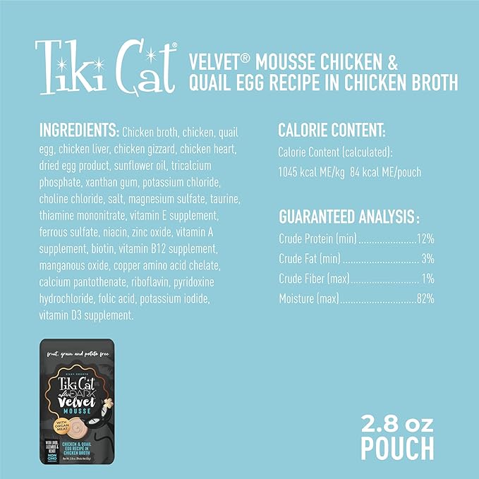 Tiki Cat After Dark, Velvet Mousse, Chicken & Quail Egg Recipe in Chicken Broth, Grain & Potato Free Formula, with High Protein & Nutrient Dense Blended Organ Meat, 2.8 oz. Pouch (Pack of 12)