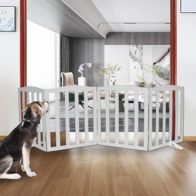 ZJSF Foldable Freestanding Indoor Dog Gate for House Wood Long Pet Gates Dog Fence for Stairs Puppy Gates for Hallways, Puppy Gate,Support Feet Included, Grey, 24 "Height-4 Panels