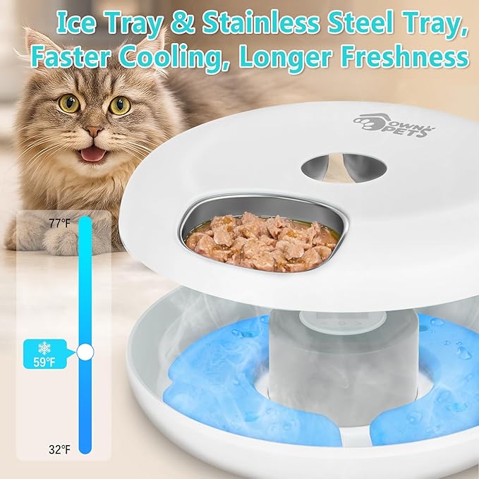 Ownpets Automatic Cat Feeder for Wet Food, with Stainless Steel Tray, 6 Meals Rechargeable Auto Pet Feeder with 2 Ice Packs, Cat Food Dispenser for Cats Small Dogs