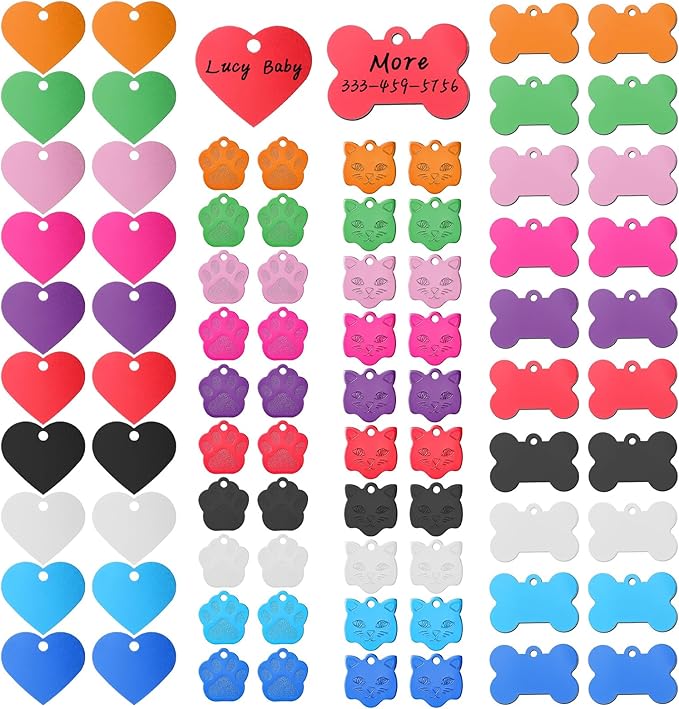 80 Pieces Pet ID Tag Colorful Blank Personalized Dog Tags Aluminum Pet Name Tags with Bone Paw Heart Cat Head Shape Animals Name Phone Number ID Craft with Holes for Dogs Cats