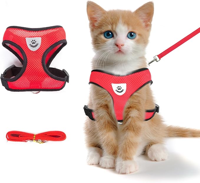 shudyear Summer cat Chest Harness and Leash, Anti-Escape Adjustable Soft mesh cat Leash and Chest Harness Set for All Types of Cats cat Vests (Size S,Red)