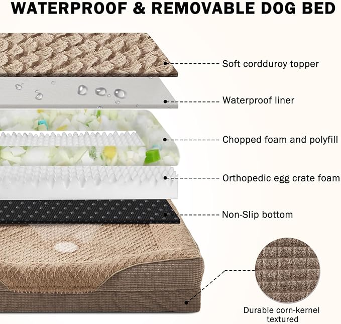 INVENHO Orthopedic Dog Beds Large Sized, XL Washable Egg-Crate Memory Foam Dog Couch with Washable Removable Cover, Waterproof Lining and Nonskid Bottom
