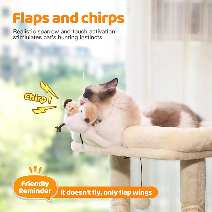 Rechargeable Cat Toys Flapping Bird，Touch-Activated Interactive Toy with Lifelike Chirp for Indoor Cats & Kittens Exercise （Sparrow）