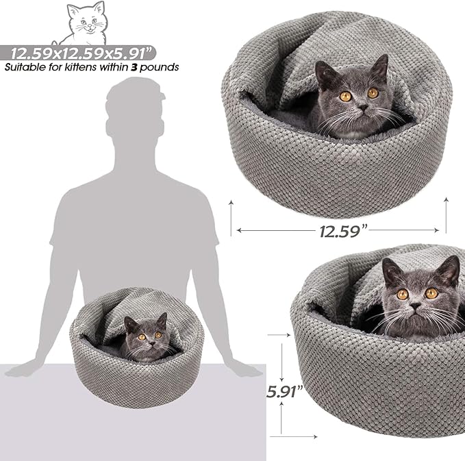 Winsterch Washable Cat Bed - Round Soft, Cozy & Warming for Indoor Cats. Calming Kitten Pet Bed. Small Cat Pet Covered Cat Cave Beds (Gray,12.59 x 12.59 x 5.91 in)