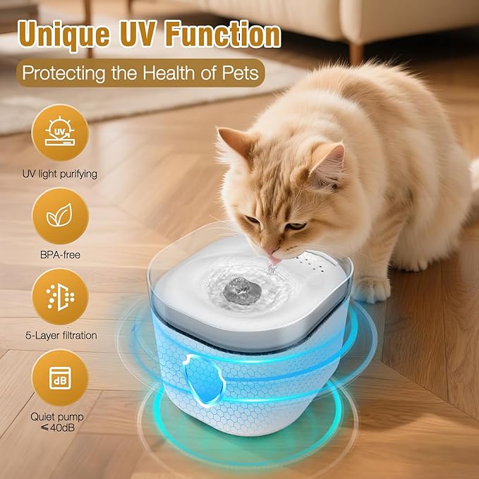 Sharper Image Water Fountain for Cats with UV Light, 3L Quiet Pump Cat Water Fountain, Five Layers Filtration System Cat Drinking Fountain Power Adapter, 3pcs Replacement Filter Sponges