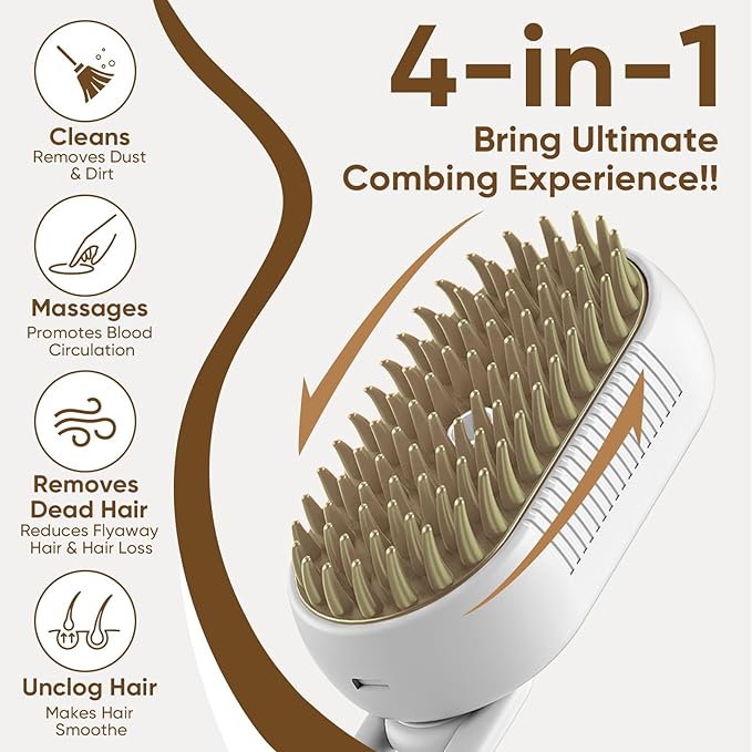 4-in-1 Steam Brush for Cats – Self-Cleaning Comb for Long and Short Hair Cats and Dogs, Steam Pet Brush for Hair Removal, Vibrating Message, Grooming & Relaxation (White)