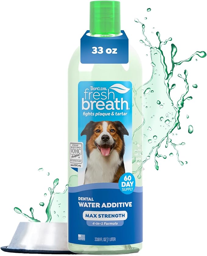 TropiClean Fresh Breath Advanced Whitening Water Additive for Dogs, Max Strength Dog Teeth Cleaning and Breath Freshener Solution, 33.8oz