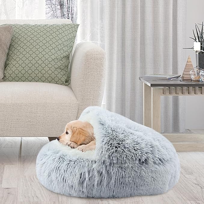 Calming Cat Beds, Fluffy Plush Round Cat Cave Washable, Cozy Warming Anti-Slip Small Dog Bed for Puppy and Kitten, Soft Anti Anxiety Pet Nest (28×28 inch, Grey)