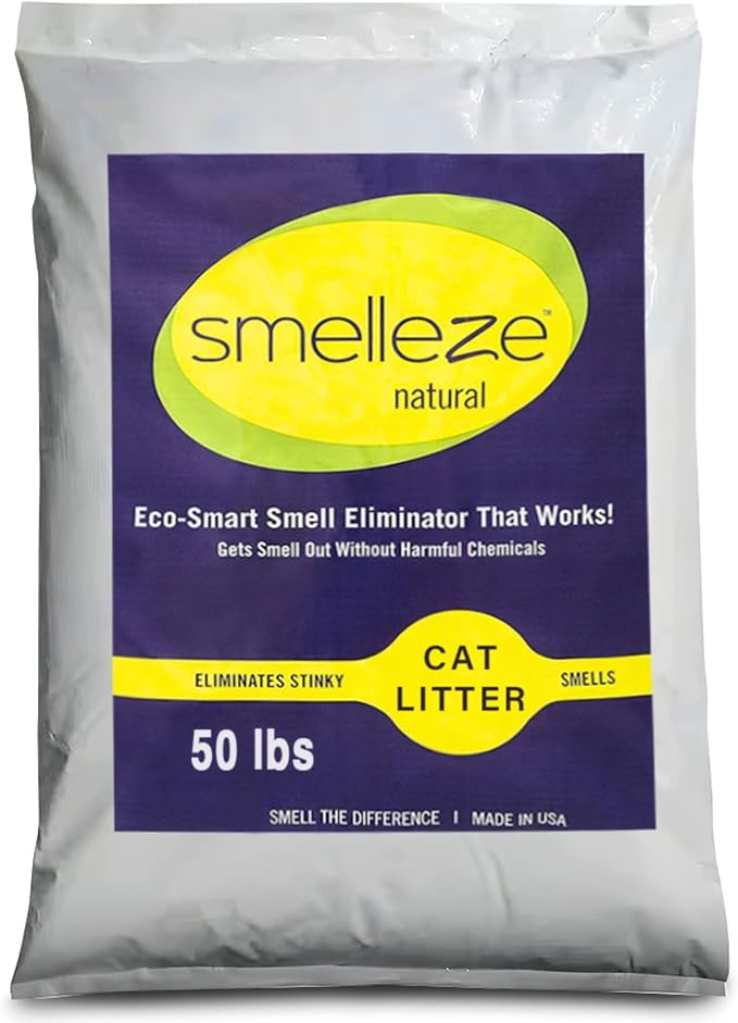 SMELLEZE Natural Cat Litter Smell Eliminator Deodorizer Additive: 50 lb. Rids Strong Urine & Poop Stench. Change Kitty Box Litter Less. Safe for Cats. Unscented