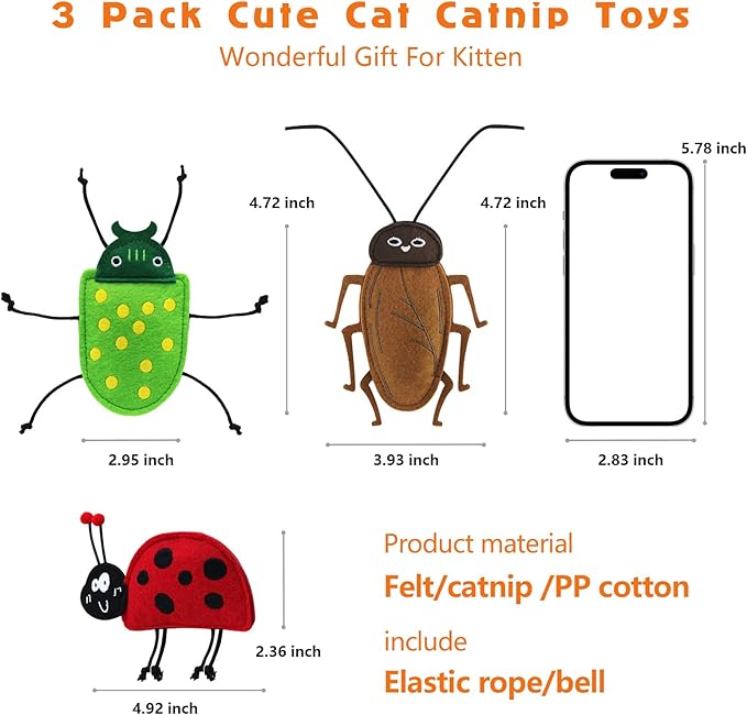 3 Pack Catnip Toy for Cats,Realistic Bug Cat Toys,Bell Sould Kitten Bite Kicker Toys, Interactive Kitty Toys for Christmas Cats Gift