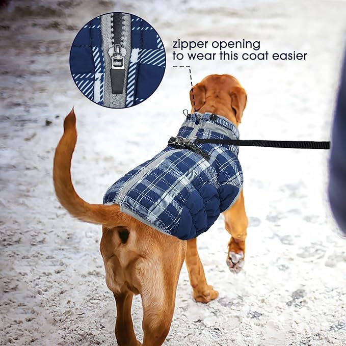 FUAMEY Dog Coat for Small Dogs,Waterproof Dog Winter Jacket with Harness Built in Puppy Cold Weather Coats Reflective Pet Vest with Zipper Warm Fleece Dogs Snowsuit Windproof Blue Plaid S