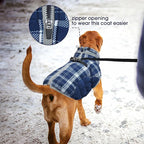 FUAMEY Dog Coat for Large Dogs,Waterproof Dog Winter Jacket with Harness Built in Puppy Cold Weather Coats Reflective Pet Vest with Zipper Warm Fleece Dogs Snowsuit Windproof Blue Plaid 2XL