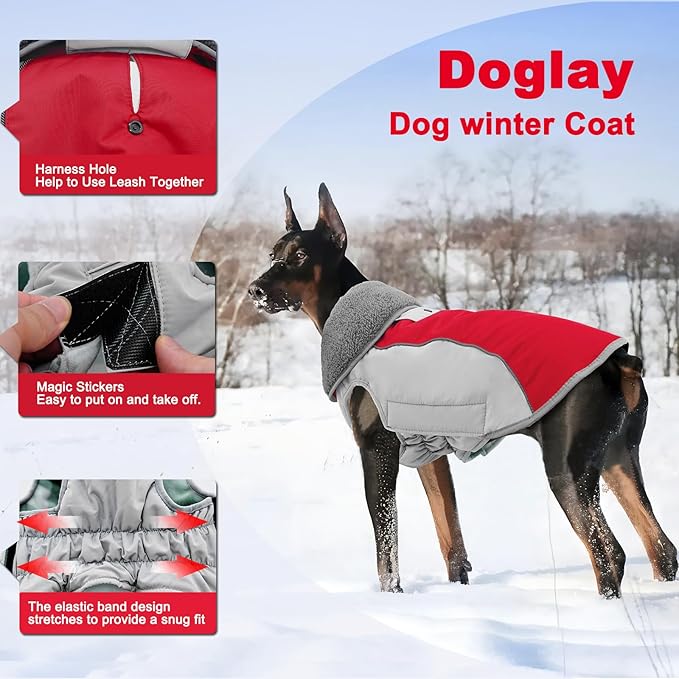 Doglay Dog Coat Waterproof Warm Dog Winter Jacket,Christmas Reflective Fleece Puppy Winter Coat with Harness Hole, Adjustable Snow Jacket for Small Medium Large Dogs